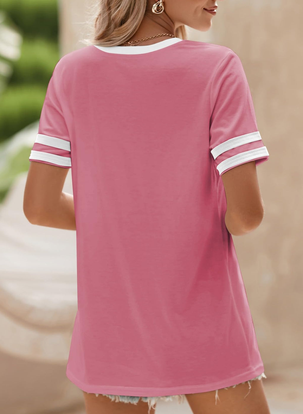 SHEWIN Women's Fashion Casual Crewneck Color Block T Shirts Short Sleeve Summer Tops Tees Slim Fit