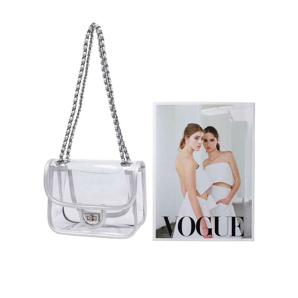 Womens PVC Clear Purse Handbag with Chain Stadium Approved Clear Bag See Through Bag for Working and Concert