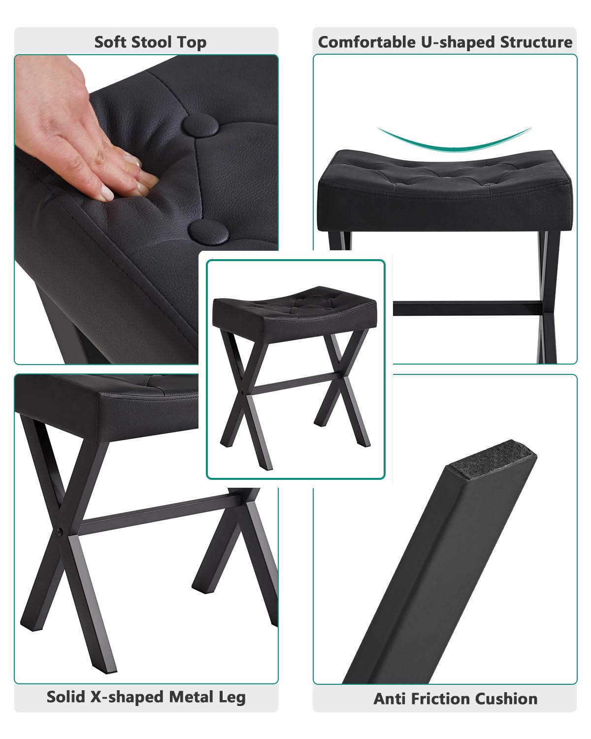 IBUYKE U-Shaped PU Vanity Stool, Square Makeup Chair with X-Leg, Ottoman Seat Footrest Stool, Multi-Use as Small Side Table, for Bedroom, Living Room, Black WBD019B