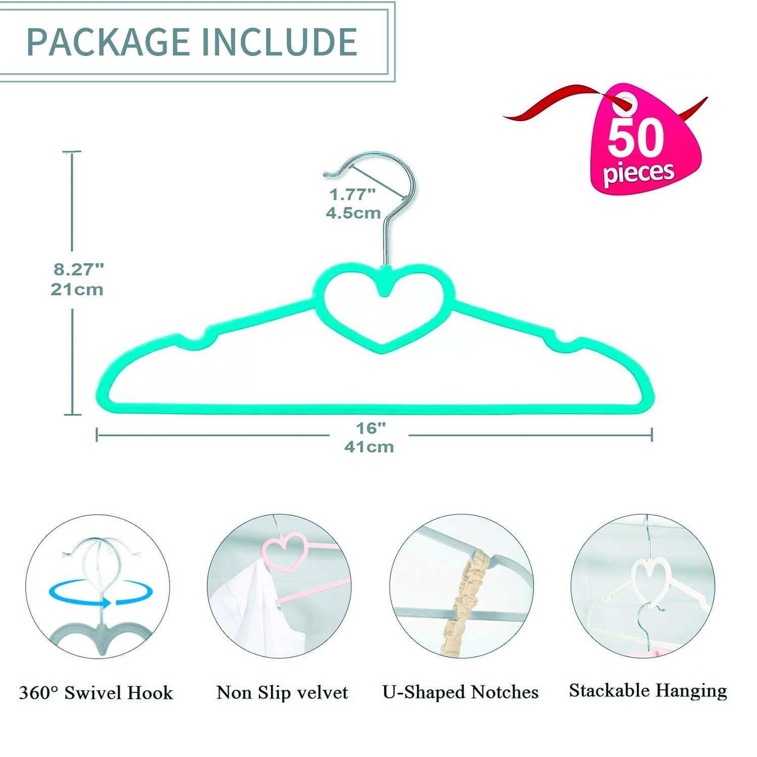 Velvet Hangers 20 Pack,16 Inch Non Slip Adult Heart Hanger (Black) | 360° Swivel Hooks, Cascade Design, Space Saving