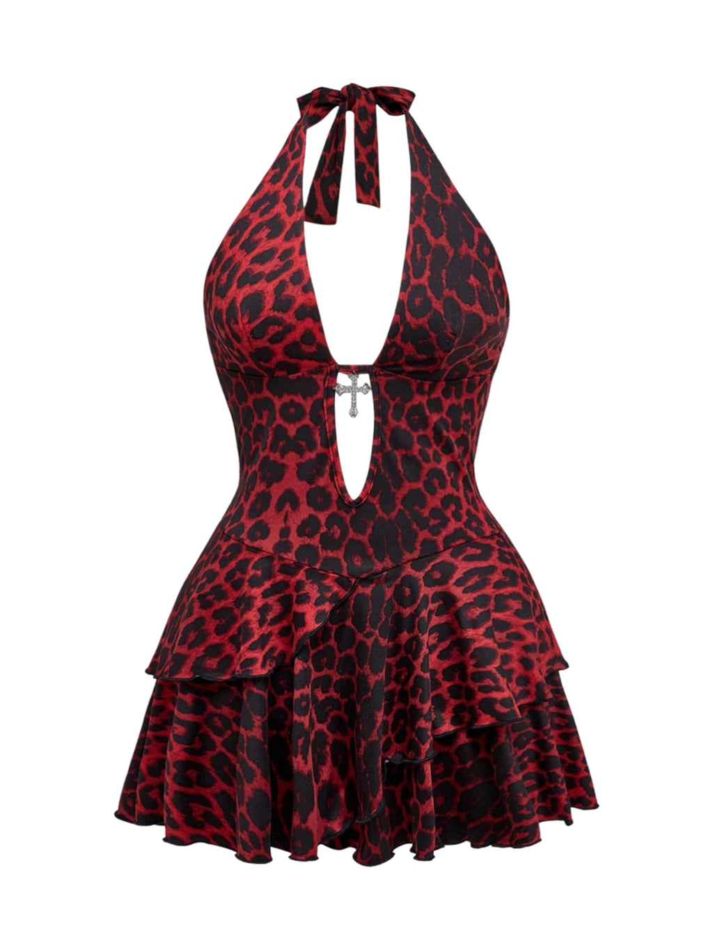 SOLY HUX Women's Plus Size Leopard Print Halter Dress Y2k Gothic Deep V Cheetah Tie Backless Layered Ruffle Mini Dresses