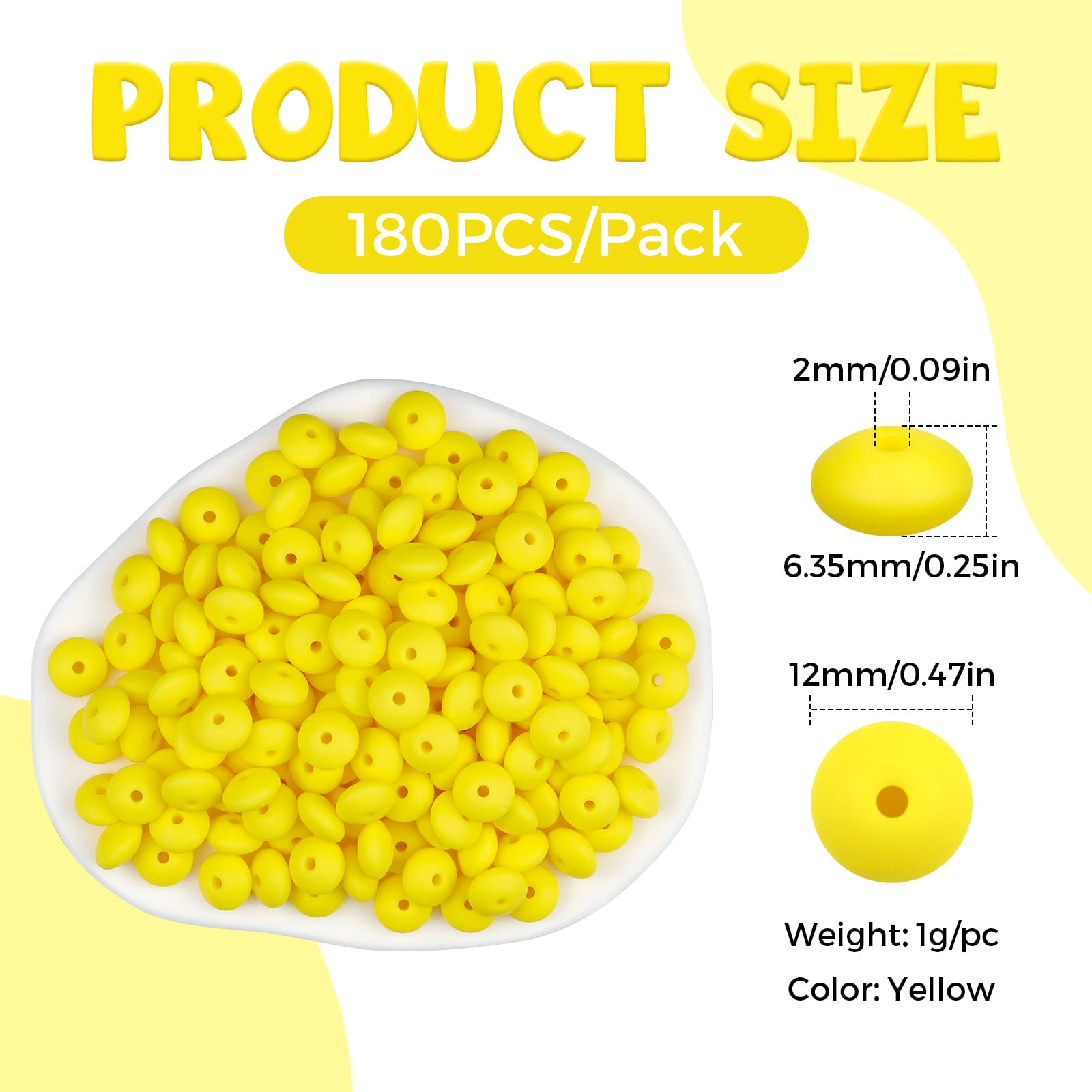 FIVEIZERO 180PCS Silicone Lentil Beads,12mm Spacer Beads | Flexible Silicone, 2mm Hole Design, Easy to Thread, Fade Resistant, Easy to Clean