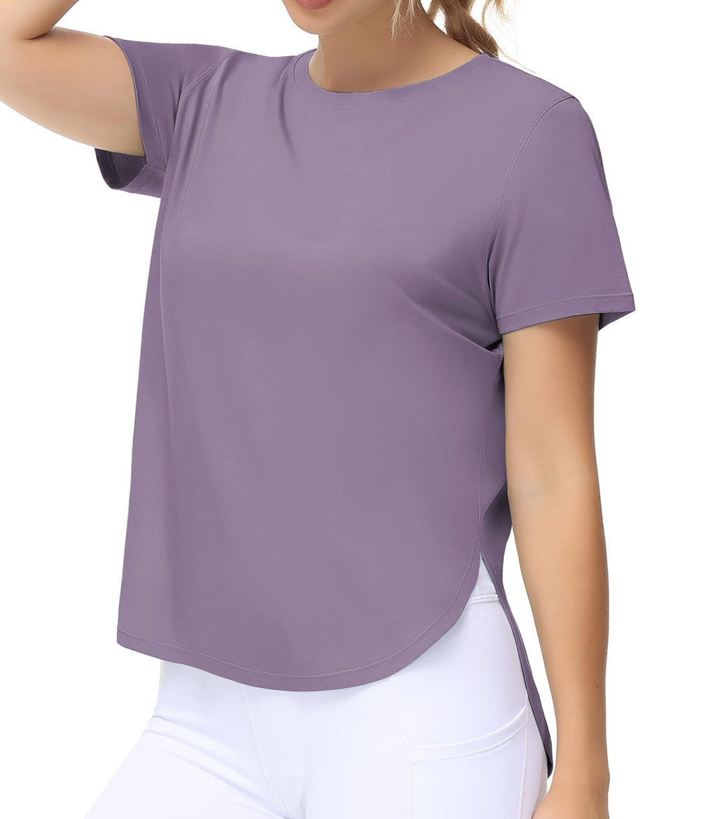 THE GYM PEOPLE Women's Workout T-Shirts Loose Fit Short Sleeve Cotton Running Basic Tee Tops with Split Hem