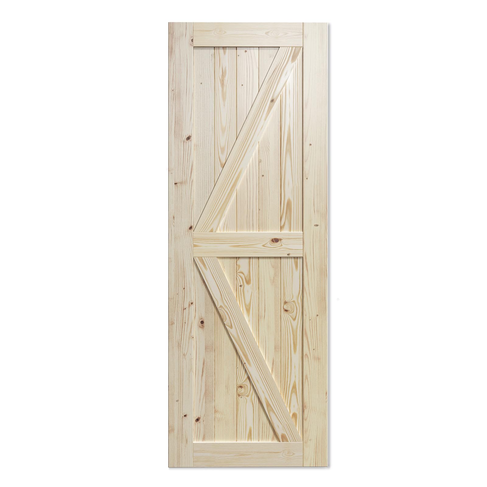 SmartStandard 24in x 80in Sliding Barn Wood Door Pre-Drilled Ready to Assemble, DIY Unfinished Solid Spruce Wood Panelled Slab, Interior Single Door Only, Natural, K-Frame (Fit 4FT Rail)