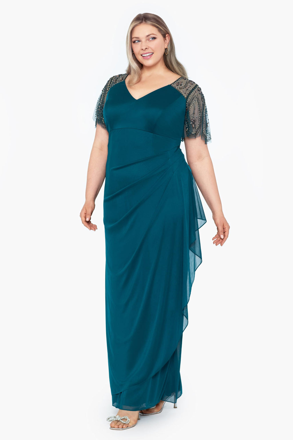 Xscape Floor Length Jersey Knit Evening Gown with V-Neckline, Beaded Flutter Sleeves and Ruched Draping
