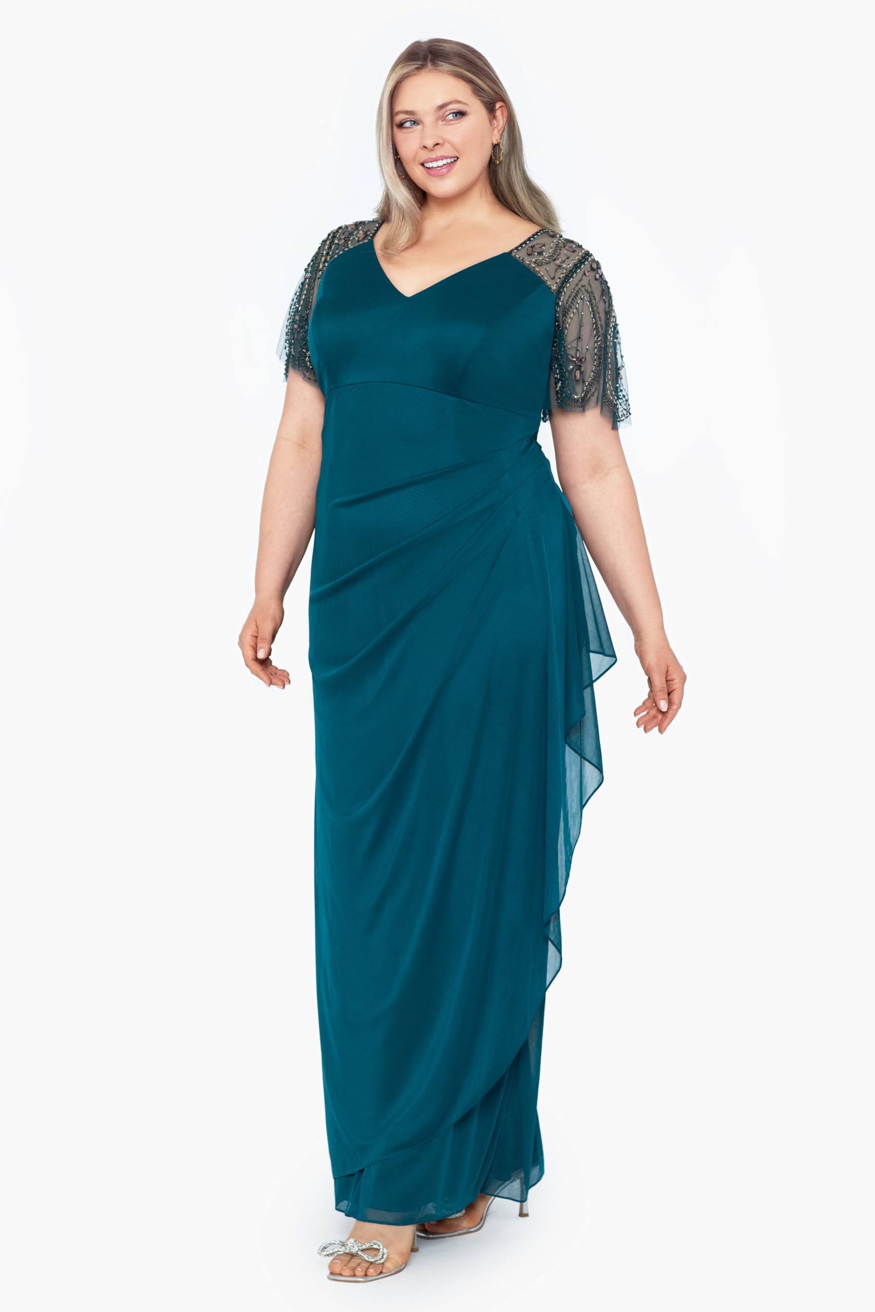 Xscape Floor Length Jersey Knit Evening Gown with V-Neckline, Beaded Flutter Sleeves and Ruched Draping