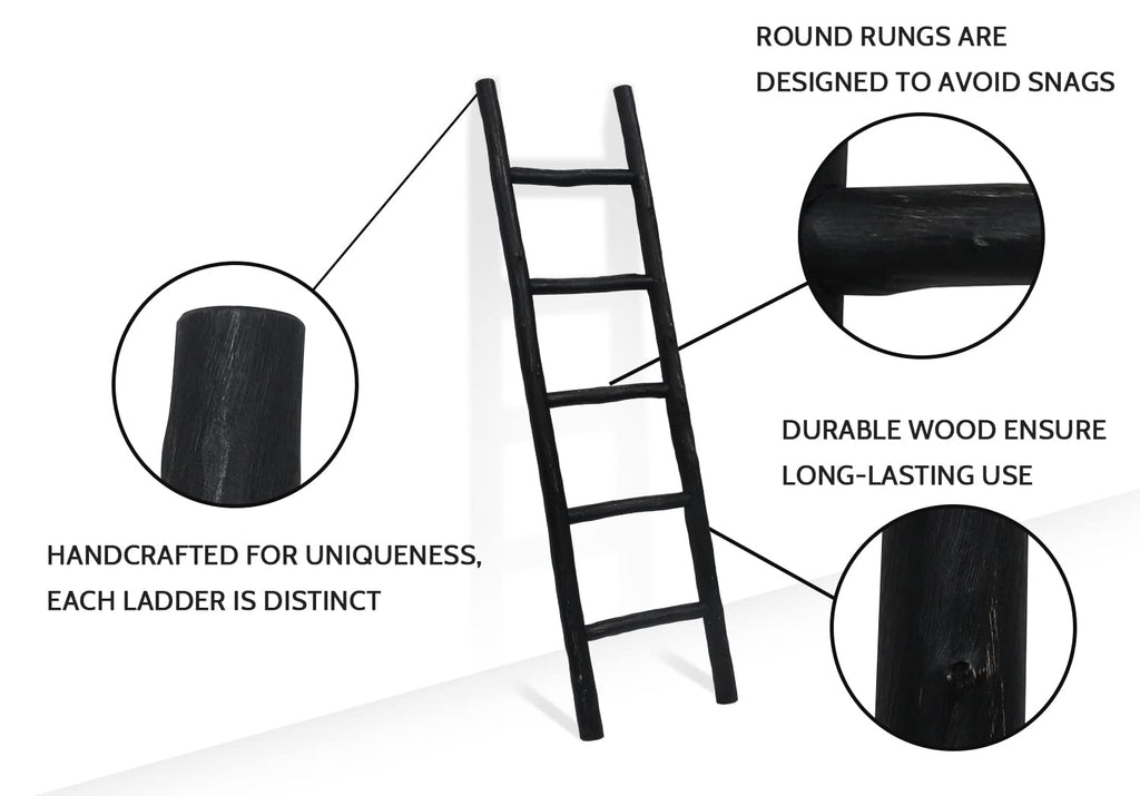 FUIN 57in Wood Blanket Ladder Living Room Decorative Wall Leaning Farmhouse Quilt Display Holder Rustic Wooden Towel Rack for Bathroom, Black