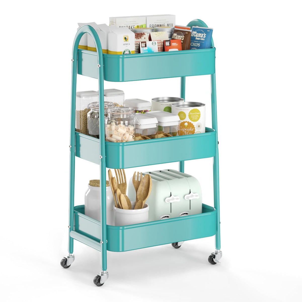 EAGMAK 3 Tier Rolling Cart, Large Metal Storage Cart with Handle and Lockable Wheels, Big Multifunctional Storage Organizer Trolley with Mesh Baskets for Kitchen, Living Room, Office, Garage (Beige)