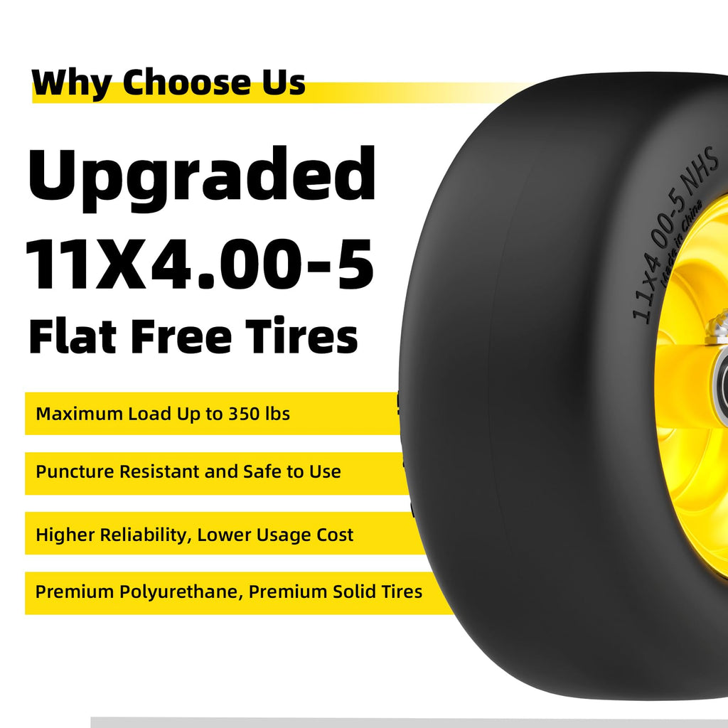 RONPOW 11x4.00-5 Lawn Mower Tires Flat Free and Wheel, 11x4-5 Solid Front Tires for Zero Turn Mower, 350Lbs Load, 3/4", 5/8" and 1/2" Bearings, 3.4"-5.8" Hub for Residential Commercial, 2Pack Gray