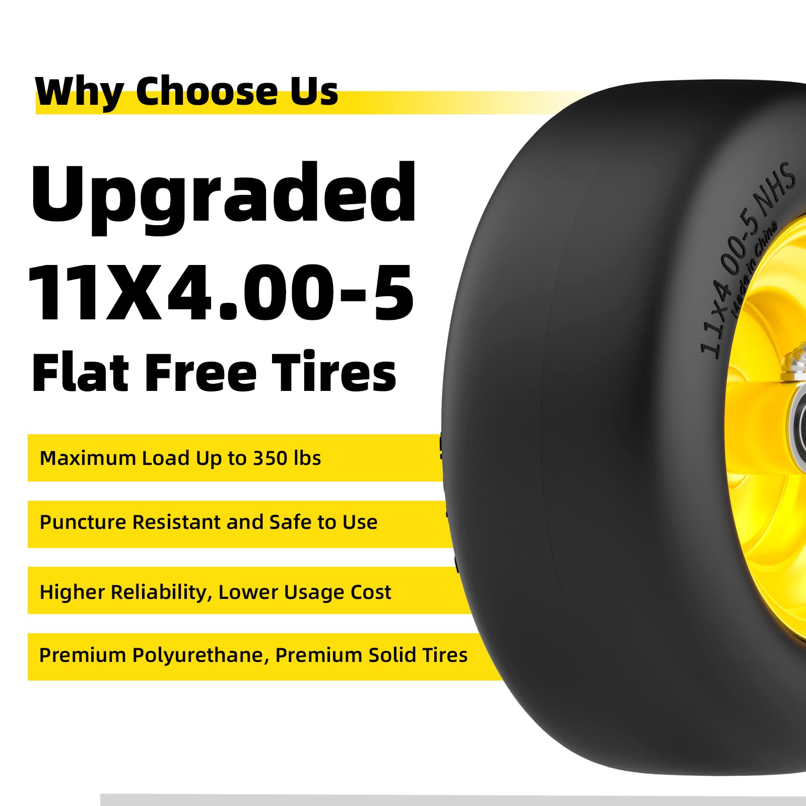 RONPOW 11x4.00-5 Lawn Mower Tires Flat Free and Wheel, 11x4-5 Solid Front Tires for Zero Turn Mower, 350Lbs Load, 3/4", 5/8" and 1/2" Bearings, 3.4"-5.8" Hub for Residential Commercial, 2Pack Gray