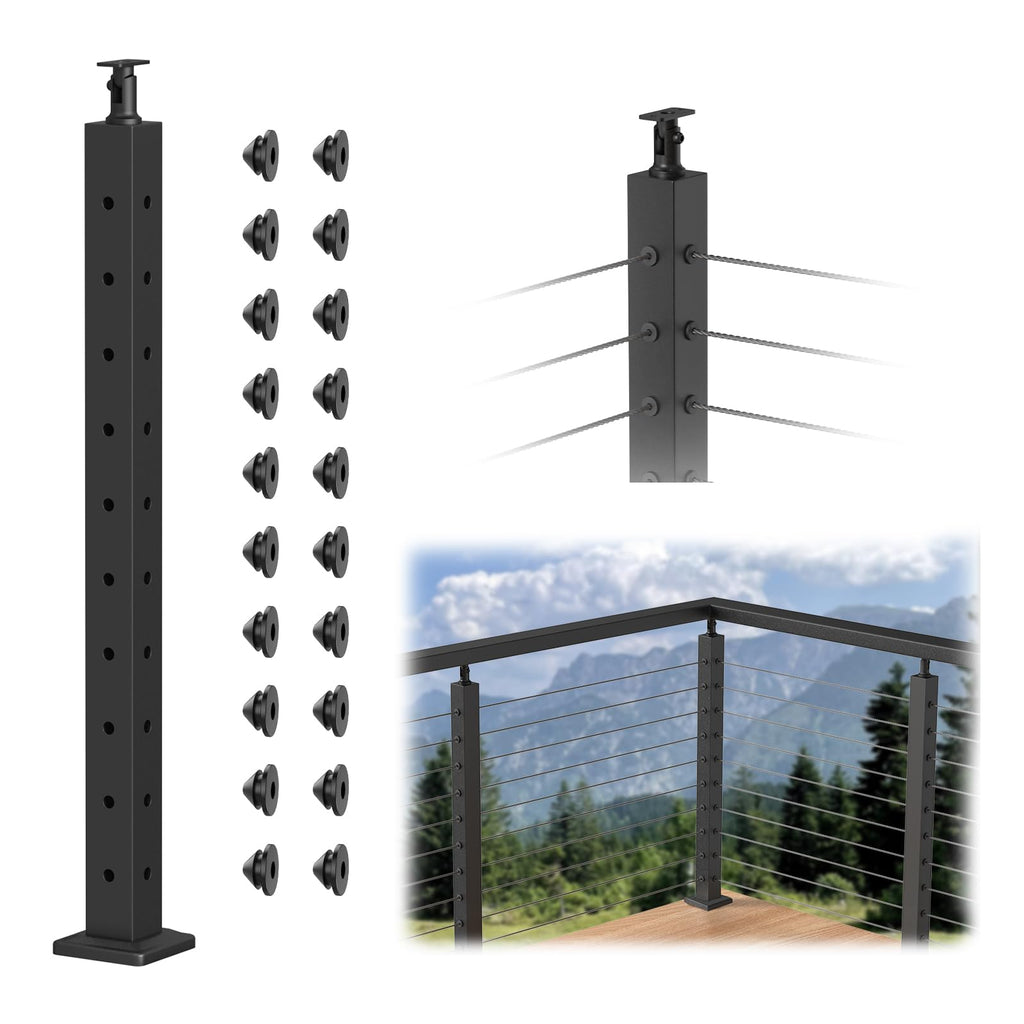 BLIKA 36" Cable Railing Corner Post, 304 Stainless Steel, 2-Side Drilled Adjustable Top Corner Post, Surface Mount Matte Black Cable Railing System Corner Post