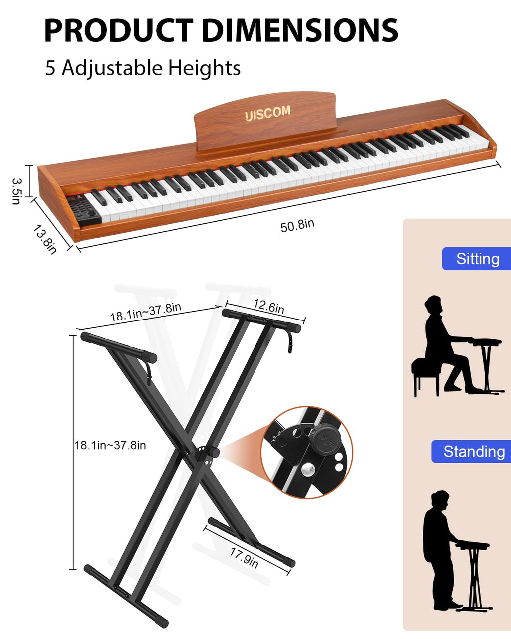 UISCOM Digital Piano Keyboard for Beginners, Full Size 88 Key Semi-Weighted Keyboard Electric Piano with Stand,Power Adapter,Sheet Music Stand,Pedal,Headphone,USB-MIDI Compatible,Wood Grain Apricot