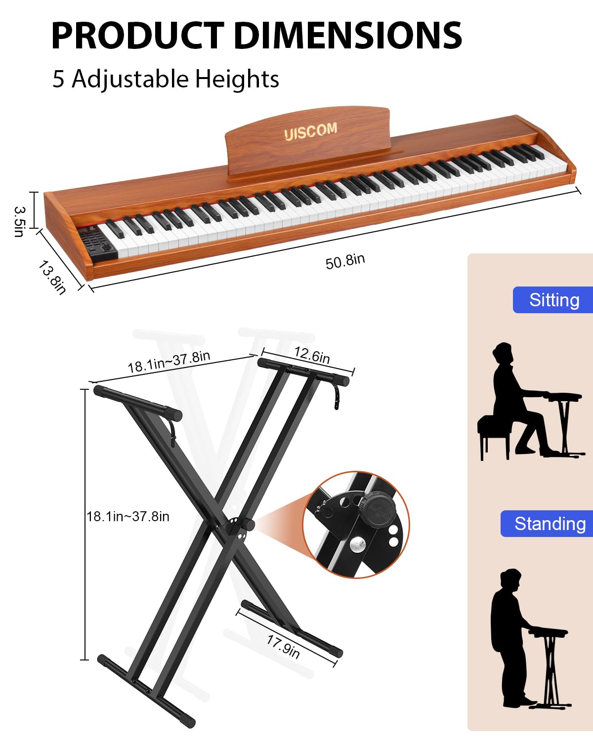 UISCOM Digital Piano Keyboard for Beginners, Full Size 88 Key Semi-Weighted Keyboard Electric Piano with Stand,Power Adapter,Sheet Music Stand,Pedal,Headphone,USB-MIDI Compatible,Wood Grain Apricot