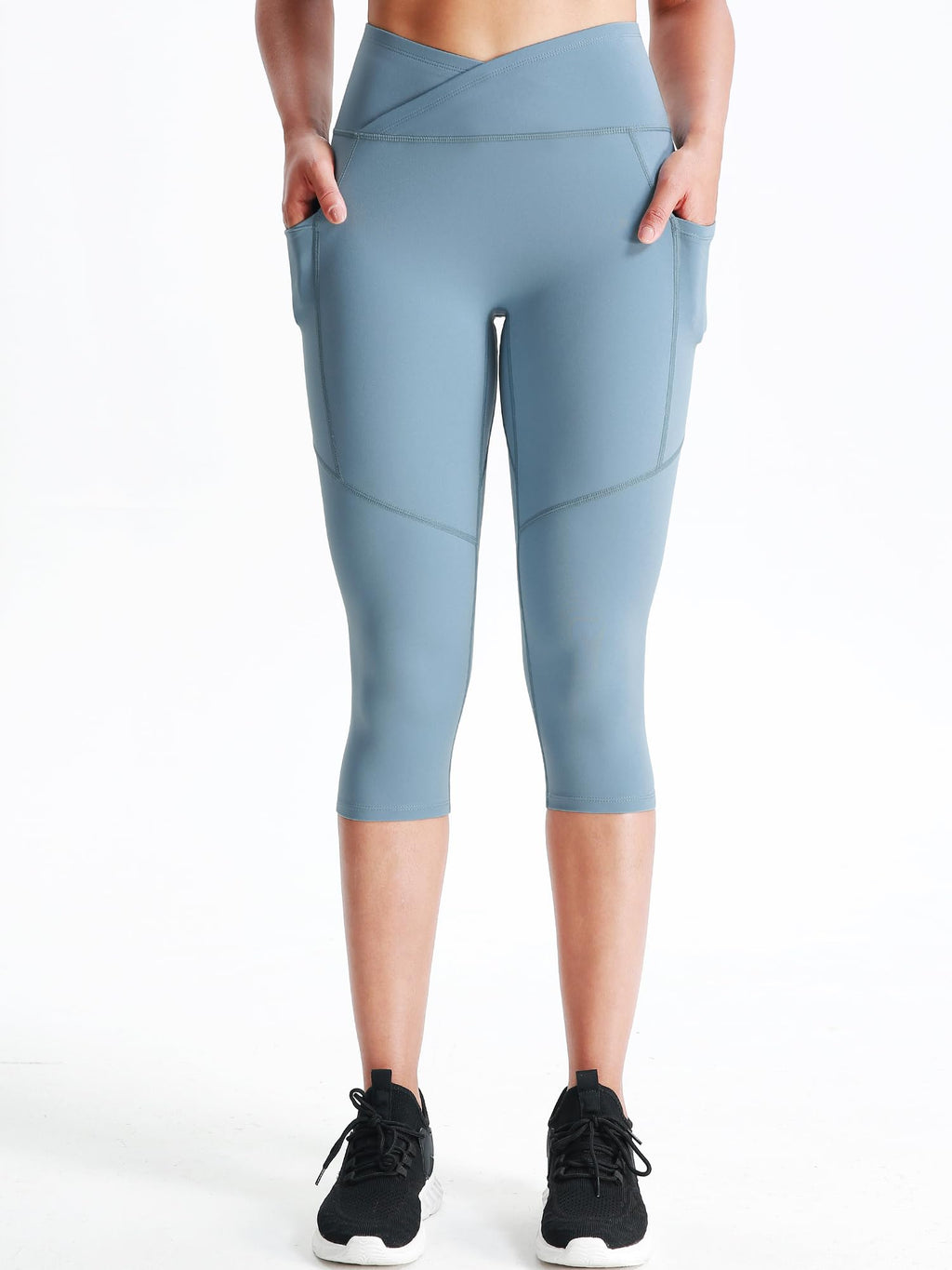 CADMUS Womens High Waist Workout Legging Capris for Yoga w Side Pockets