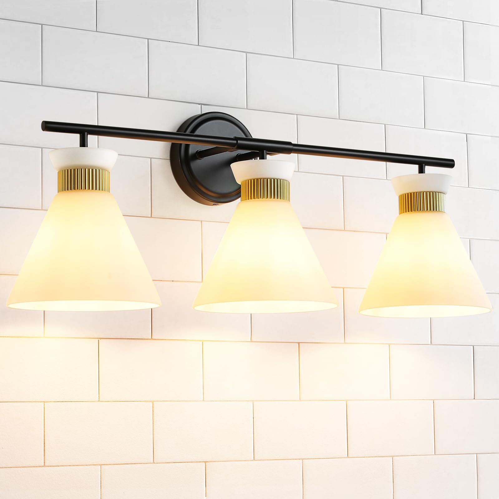 WOSHITU Gold Bathroom Light Fixtures: Modern Vanity Lighting Fixtures 2 Lights for Bathroom Mid Century Vanity Light Sconces Over Mirror with Frosted Milky Glass for Bath Bedroom Makeup
