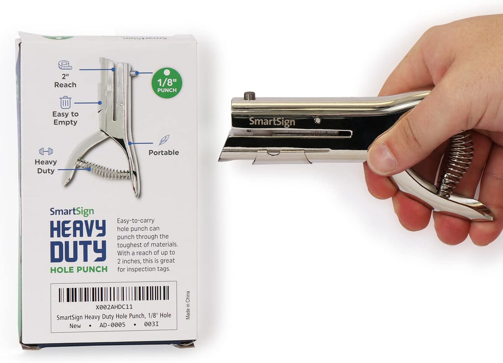 SmartSign Single Hole Heavy Duty Hand Held Hole Punch - 1/8 inch (3 mm) Hole Punch, 2 inch reach, for Id card, PVC Card, Badge, foil, 5" Tall, Silver