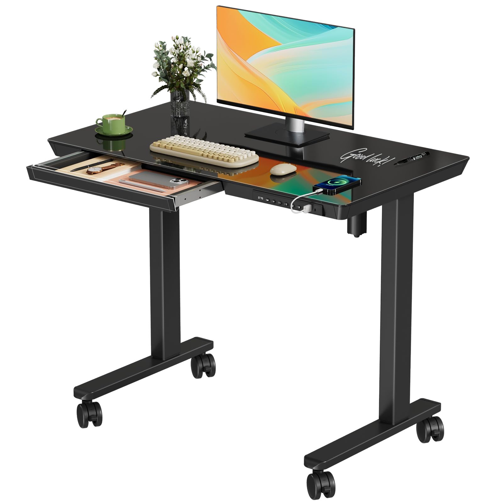 Glass Electric Standing Desk with Drawer, 35" x 20" Whole Piece Tabletop Samll Sit Stand Table, Height Adjustable Workstation with Storage & USB Ports, Quick Install Home Office Desk