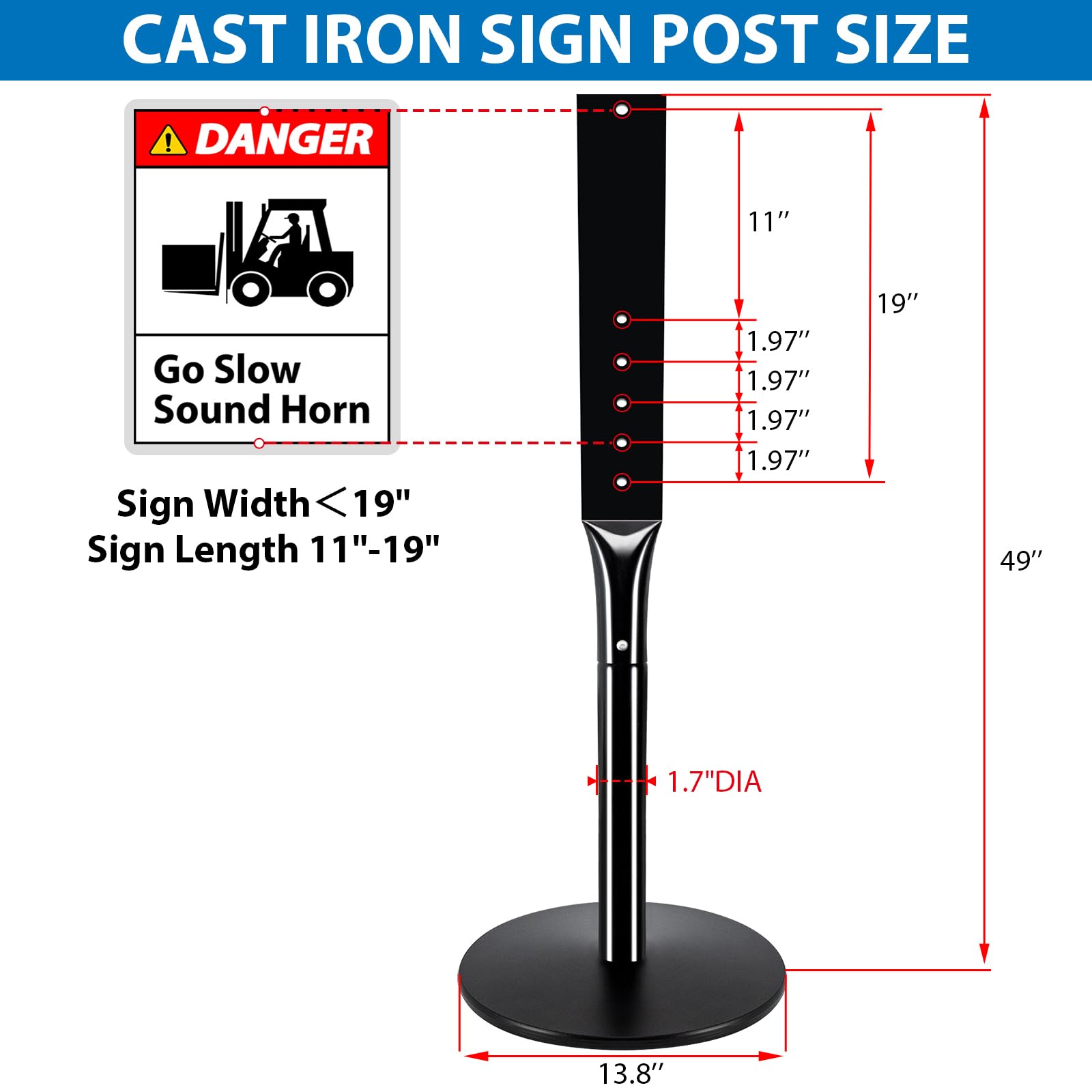 Heavy Duty Parking Sign Base Cast Iron 48" Parking Sign Post, Heavy Duty Cast Iron Sign Holder Base, Movable Sign Stand Suitable for Hanging Warning, Notice, Guiding Sign Display Stand (Black)