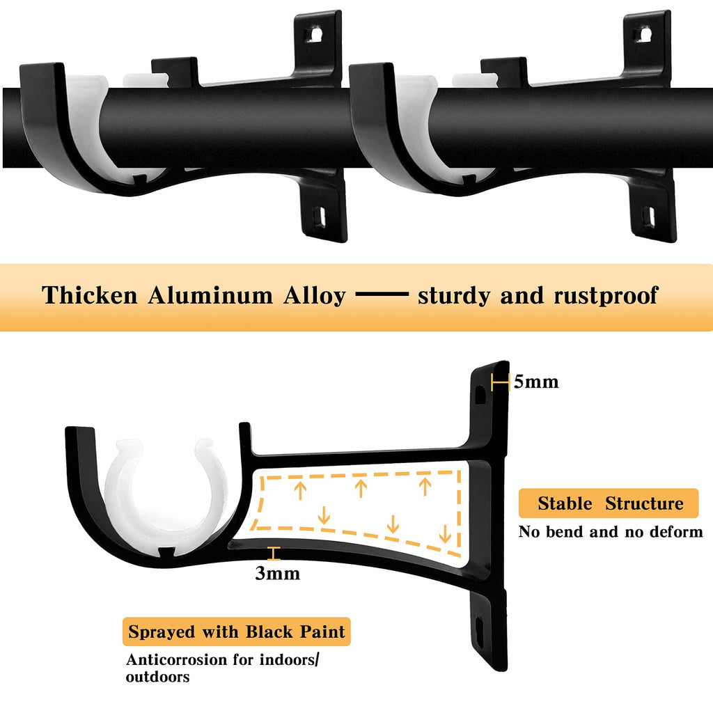 KOLAKO Curtain Rod Brackets, Heavy Duty Black Curtain Rods Holders Hook Hangers for Wall Drapery Rod Bracket Support 1 Inch Rods, 2 Pack