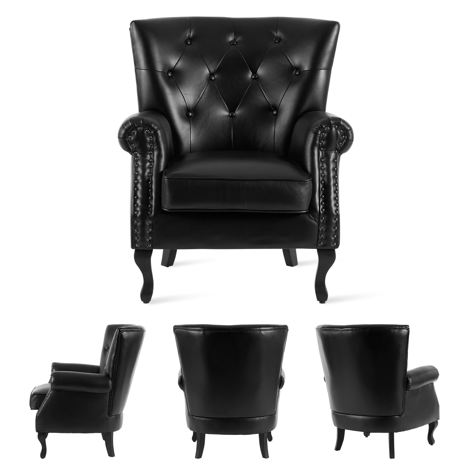 MOJAY PU Leather Accent Chair, Mid-Century Modern Armchair Living Room Club Chair with Tufted Button & Rivet Trim, Upholstered Sofa Chair with Sturdy Wood Legs for Bedroom (Black)