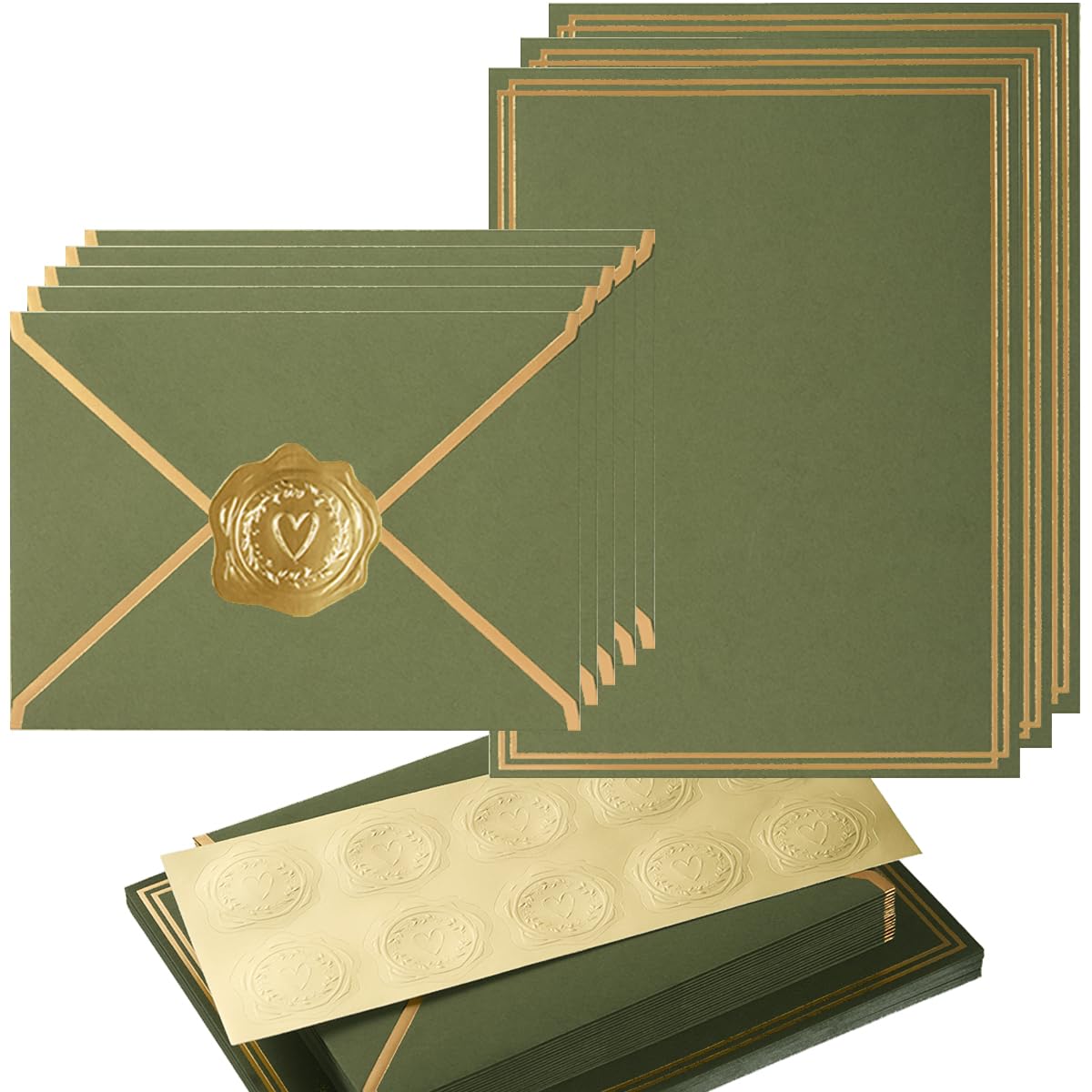 50 Pack Stationery Set with Envelopes, Cream Color, 8.5x11 Inches | Gold Border, #10 Business Envelopes and 8.5x11 Paper Sheets, Stickers for Letter Writing, Invitations
