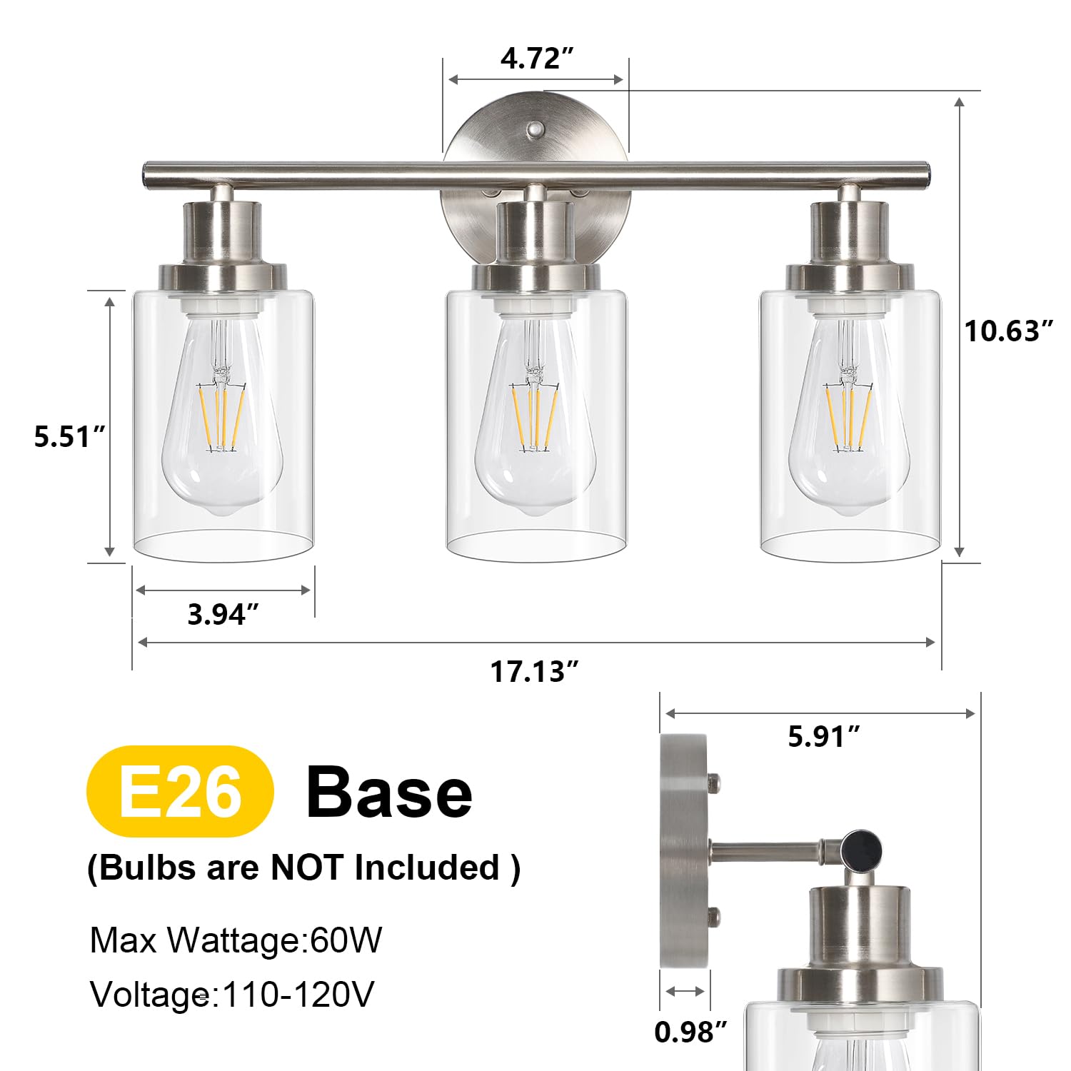 Unicozin 2 Pack Modern Bathroom Light Fixtures, 3 Light Vanity Lights, Black Wall Lamp with Clear Glass for Bathroom, Mirror, Living Room, Bedroom, Hallway, E26 Base