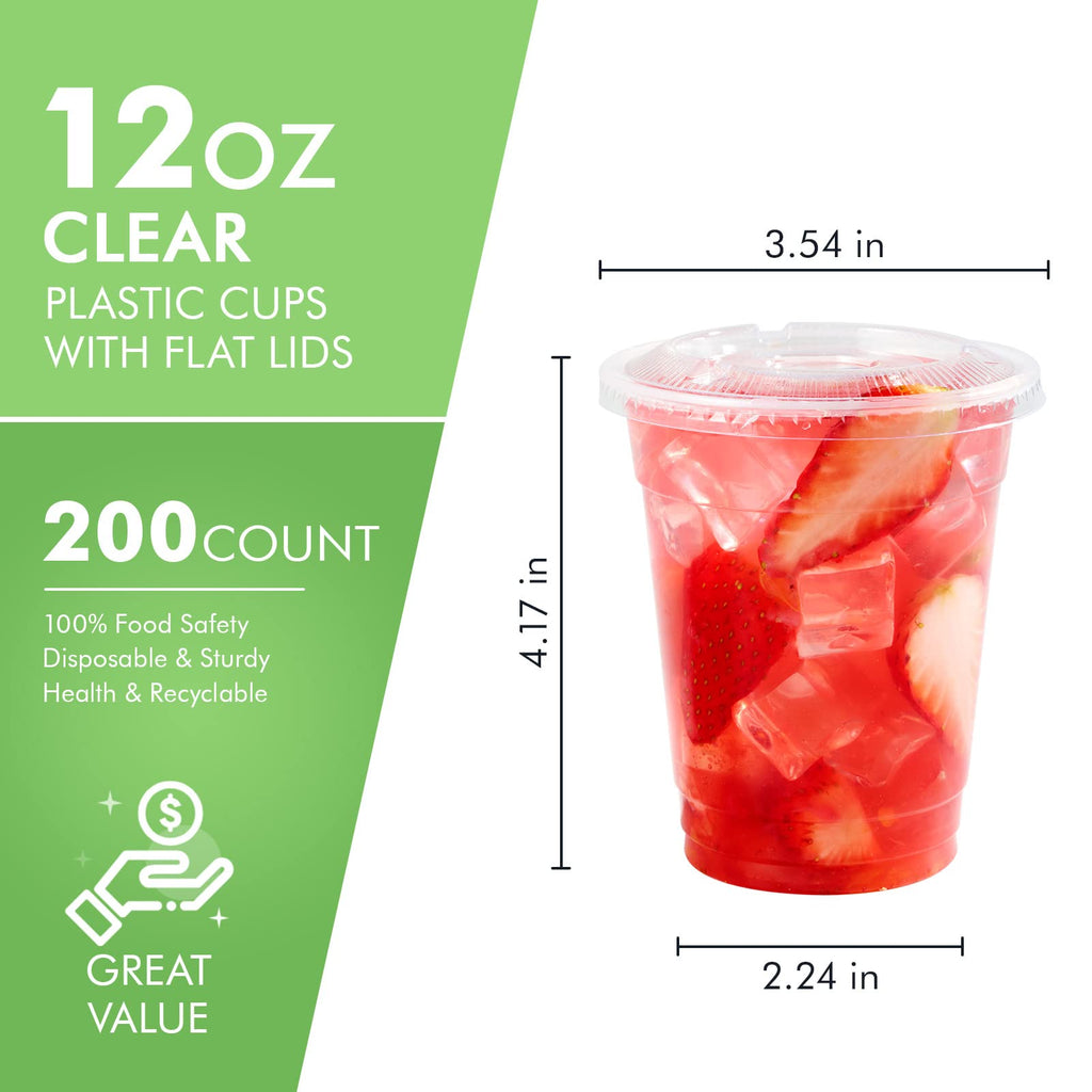 FOCUSLINE 200 PACK 12oz Clear Plastic Cups, Disposable Cold Drinking Cups, 12 Ounce Clear Cups with Dome Lids with Holes for Smoothie, Milkshake, Bubble Tea, Parfait