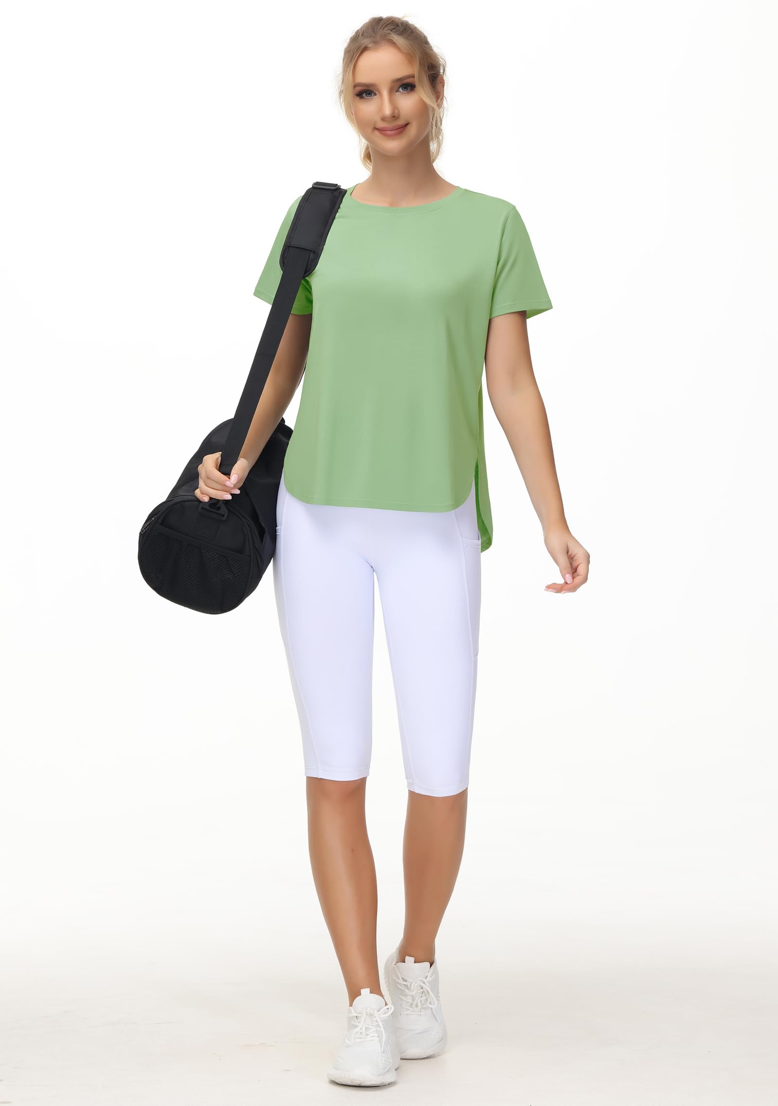 THE GYM PEOPLE Women's Workout T-Shirts Loose Fit Short Sleeve Cotton Running Basic Tee Tops with Split Hem