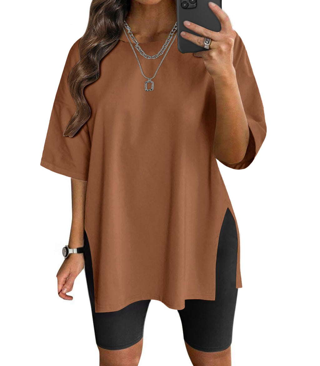 VNIRA Plus Size T Shirt for Women Oversized Cotton Short Sleeve Workout Top Loose Fit Side Split Casual Basic Tunic Top