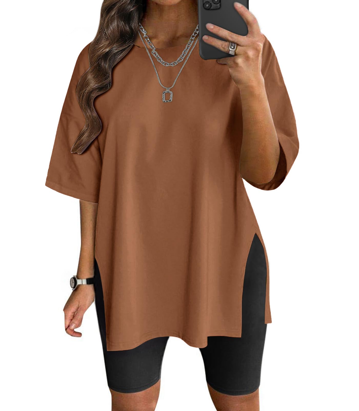 VNIRA Plus Size T Shirt for Women Oversized Cotton Short Sleeve Workout Top Loose Fit Side Split Casual Basic Tunic Top
