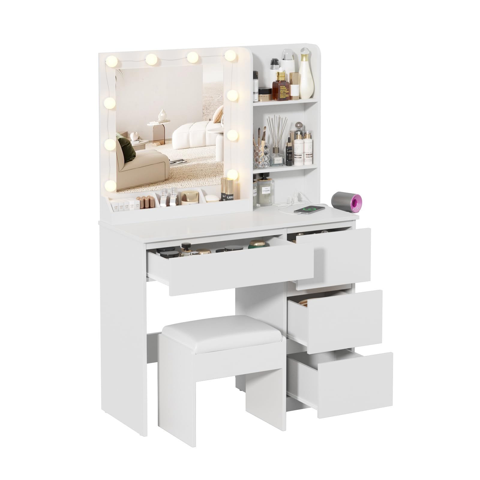 Vabches Makeup Vanity with Lights, 37inch Vanity Desk, 4 Large Drawers Dresser with Lighted Mirror, 3 Lighting Modes Brightness Adjustable, White