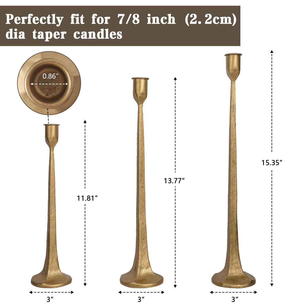 Iron Taper Candle Holder Set of 3 - Decorative Tall Candle Stand, Candlestick Holder for Wedding, Dining Table, Party Decoration (Antique Brass)
