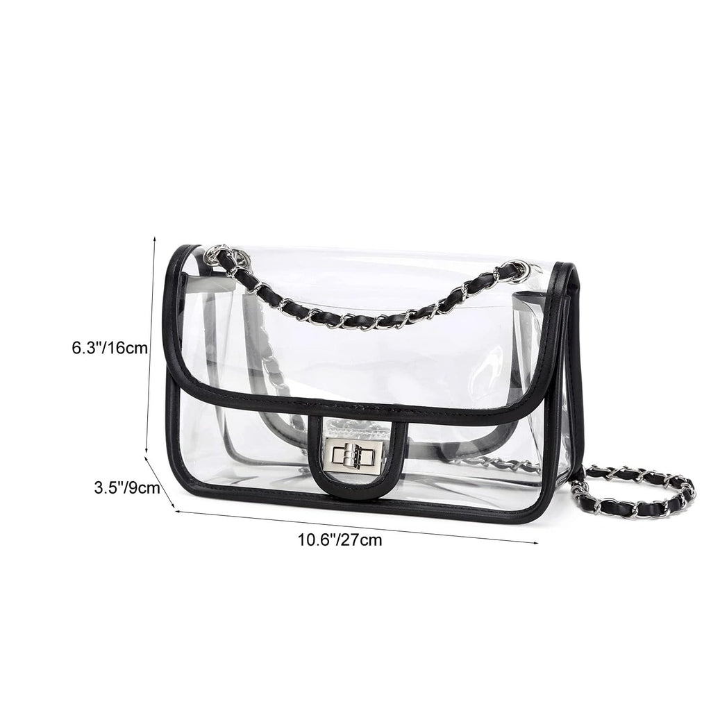 Womens PVC Clear Purse Handbag with Chain Stadium Approved Clear Bag See Through Bag for Working and Concert