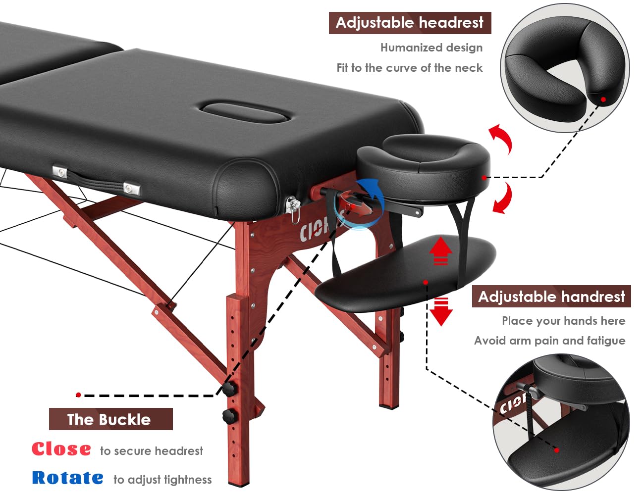 CLORIS 84" Professional Massage Table Portable Reinforced Wooden Leg 2 Folding Lightweight Spa Salon Tattoo Massage Bed Height Adjustable Hold Up to 1100LBS with Carrying Bag Black