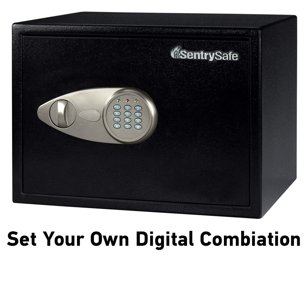 SentrySafe Medium Safe with Digital Keypad, Lock Box with Code has Interior Lining and Bolt Down Kit that Secures Pistol, Money, 0.41 Cubic Feet, 7.6 x 11.4 x 10.4 Inches, X041E