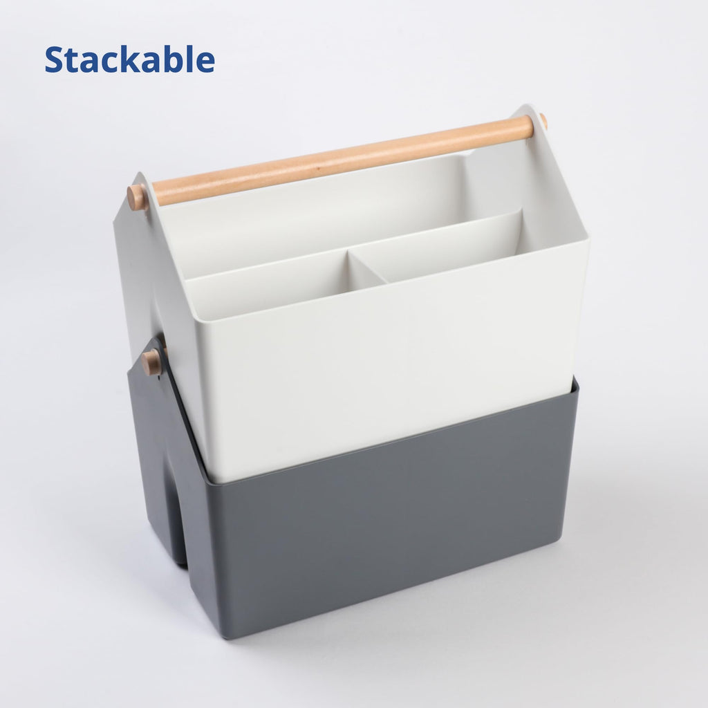 BLUE GINKGO Medium Storage Basket – Plastic Caddy with Wooden Handle for Office, Arts & Crafts, or Home Supplies (Green)