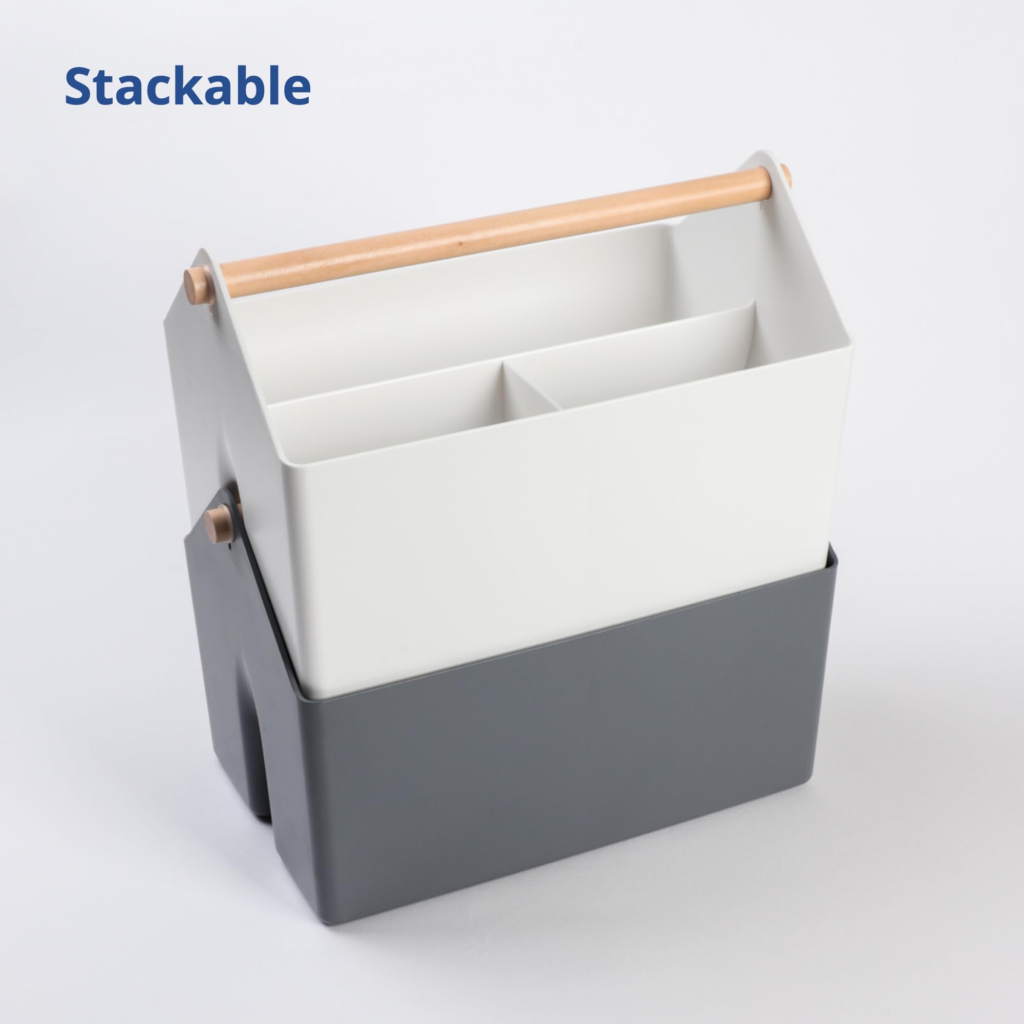 BLUE GINKGO Medium Storage Basket – Plastic Caddy with Wooden Handle for Office, Arts & Crafts, or Home Supplies (Green)