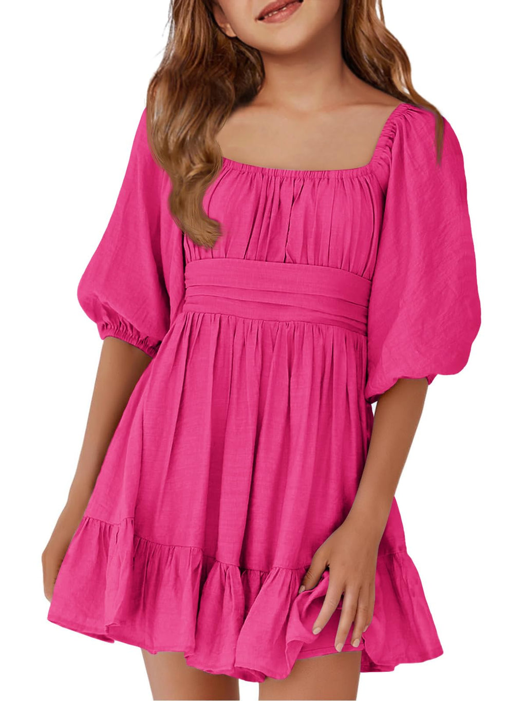 Girls Summer Dresses Square Neck Lantern Sleeve Tie Backless Ruffle A-Line Party Mini Dress