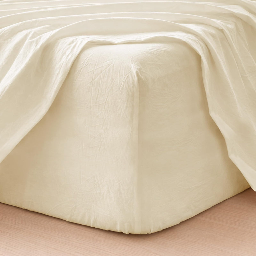 MooMee Fitted Bottom Sheet Only 100% Washed Cotton Linen Like Textured Breathable Durable Soft Comfy Deep Pocket Fits Mattress up to 17" (Almond Milk Grey, Twin)