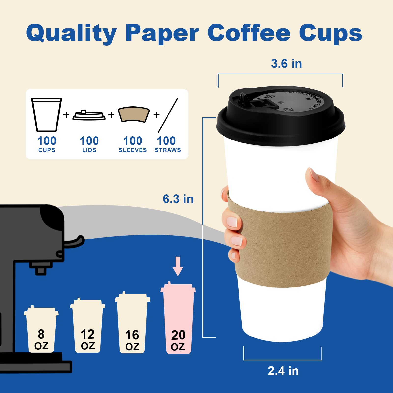 16 oz 100 Pack Corrugated Ripple Wall Disposable Coffee Cups with Lids and Straws, Heavy Duty Insulated Cups for Hot Beverage or Cold Drinks, Bulk for Restaurants, Offices, Coffee Shops(Black)