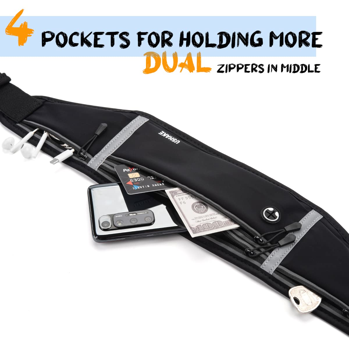 USHAKE Slim Running Belt, Workout Fanny Pack for Men Women,Exercise Waist Pack for Apple iPhone Holder, Runner Belt for Running Walking Cycling Camping Gym Black