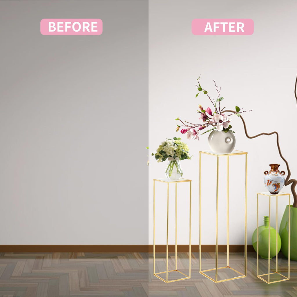3PCS Cylinder Pedestal Stands for Parties, Gold Metal Plant Round Cylinder Stands for Party Flowers, Display Columns Pedestal Stand Cylinder Tables for Vases Birthday Party Backdrop Decorations