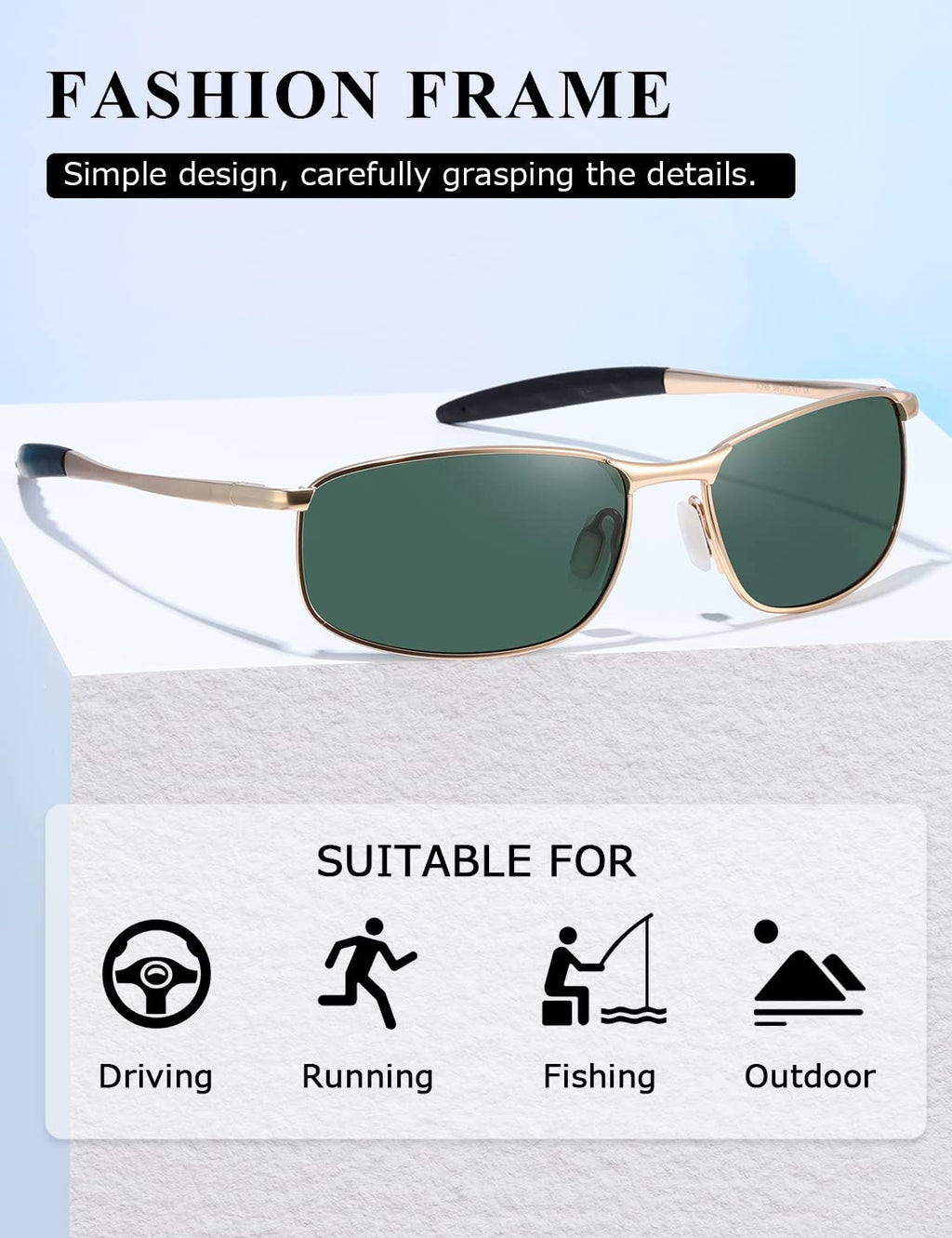 AEVOGUE Polarized Sunglasses For Men Rectangle Metal Frame Retro Sun Glasses AE0395