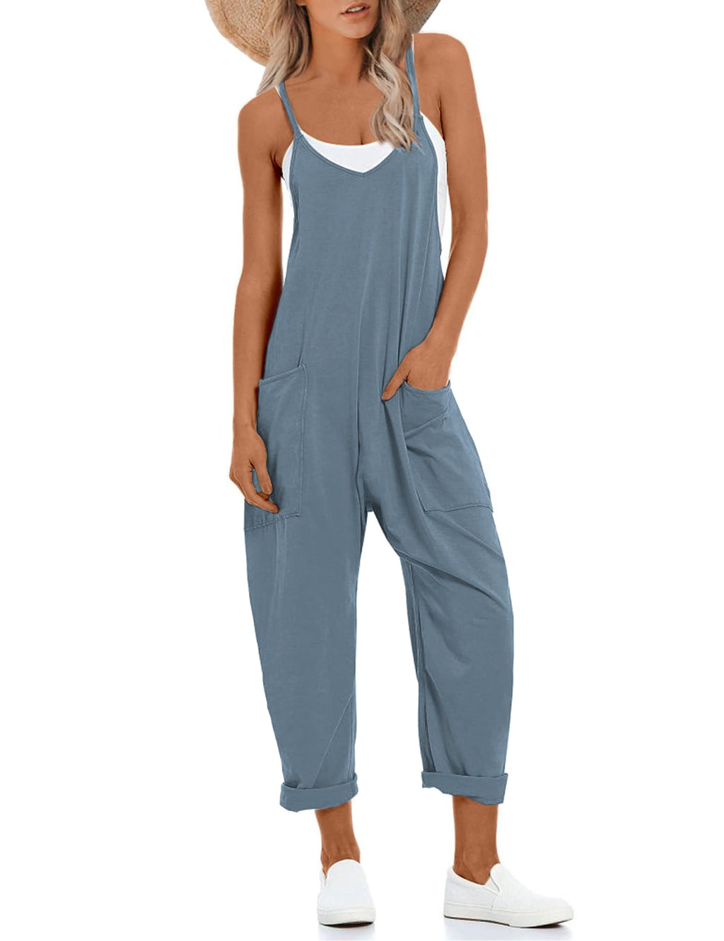 Lentta Women's Causal Jumpsuits V Neck Sleeveless Harem Overalls Stretchy Adjustable Strap Romper with Pockets