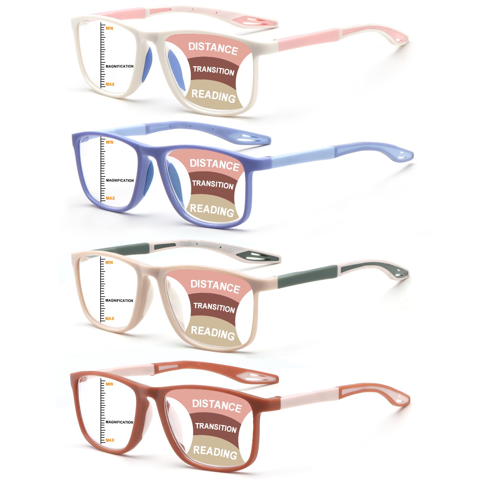 BLOEXCLU 4 Pack Progressive Multifocus Reading Glasses for Men Women TR90 Sports Style Anti-Blue Light Computer Readers