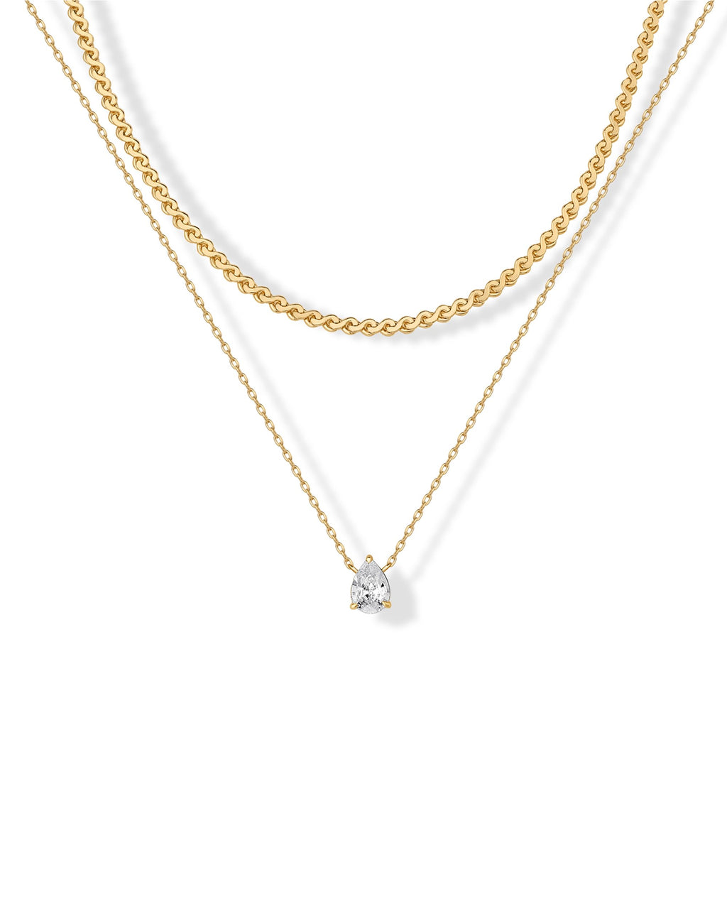 PAVOI 14K Gold Plated Twisted Singapore Chain Layering Choker with Round Solitaire and Serpentine Chain Layering Choker with Pear-Cut Stone Pendant Necklace Pack for Women | Cubic Zirconia Statement Layered Necklace Set