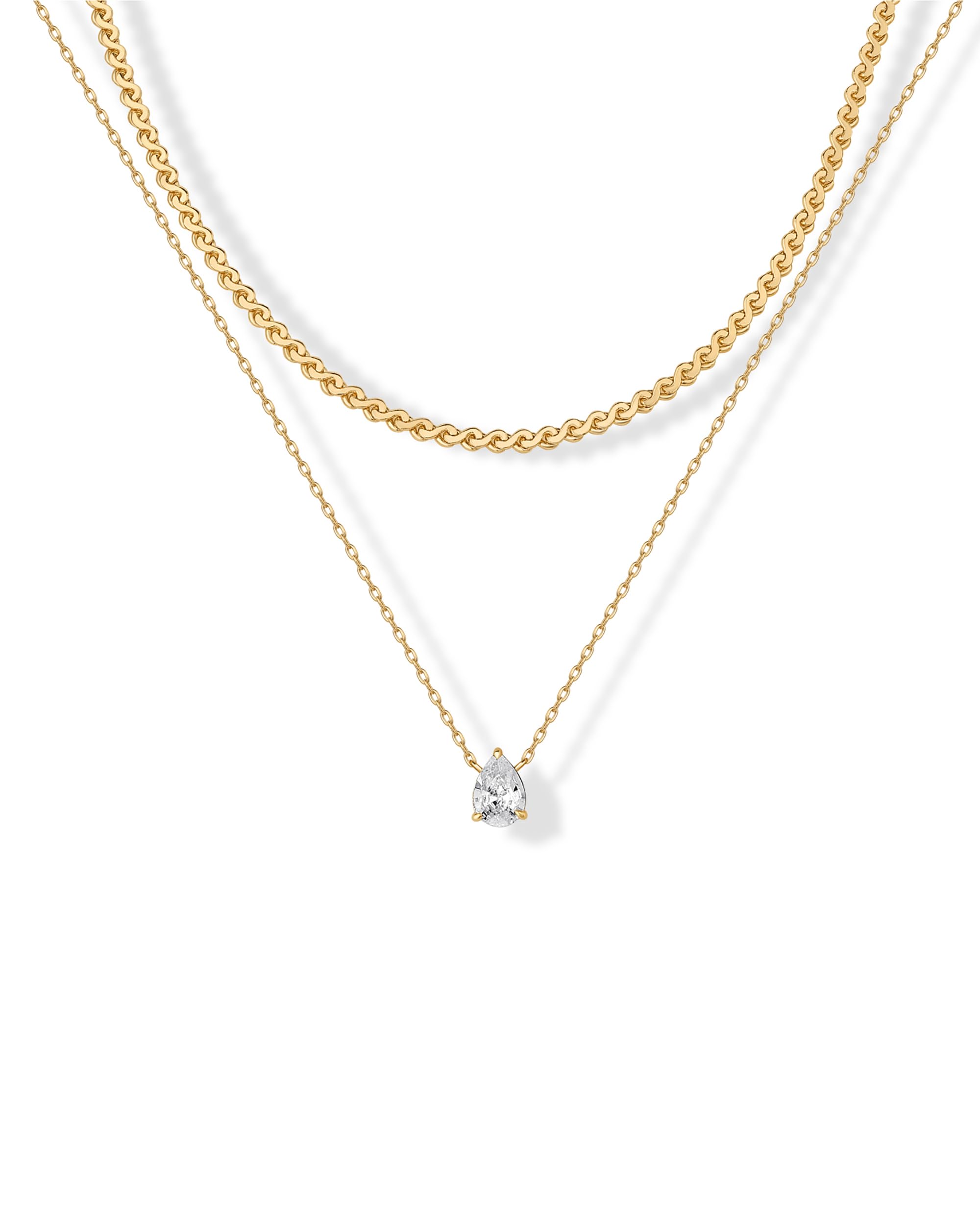 PAVOI 14K Gold Plated Twisted Singapore Chain Layering Choker with Round Solitaire and Serpentine Chain Layering Choker with Pear-Cut Stone Pendant Necklace Pack for Women | Cubic Zirconia Statement Layered Necklace Set