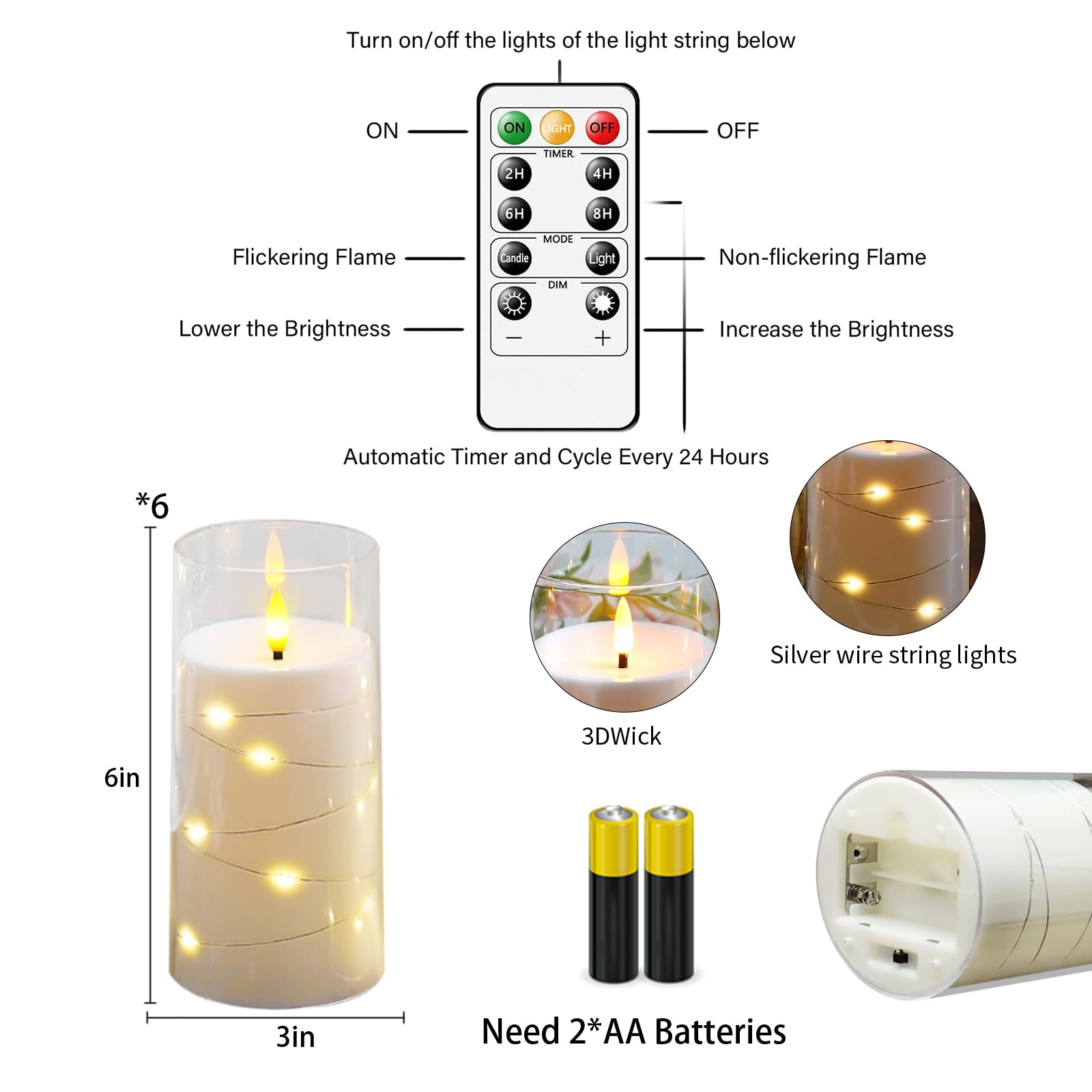 Flickering Flameless Candles with Remote Timer, 6pcs LED Battery Operated Candles with Embedded String Lights Red, Same Size D3 H6