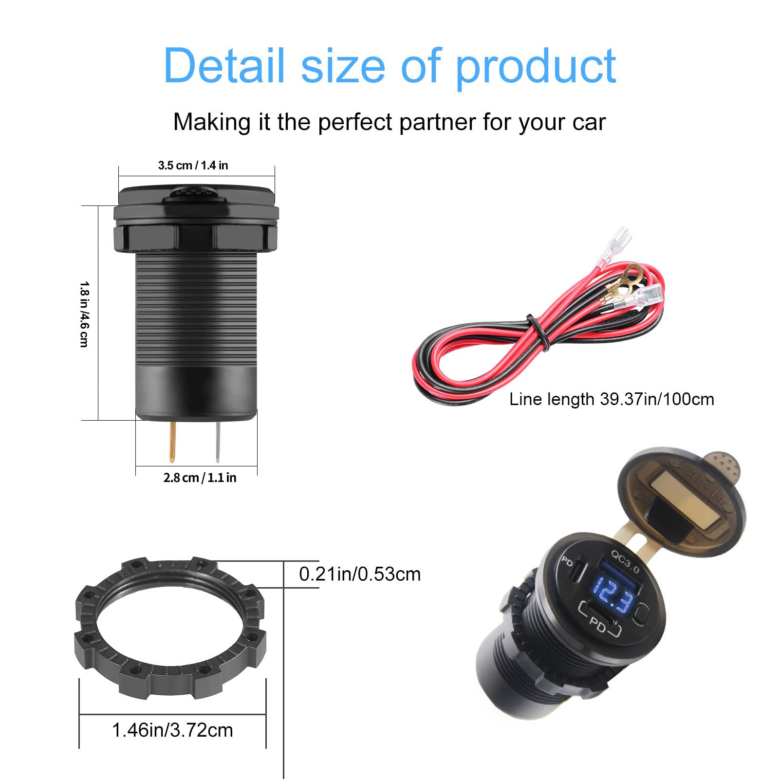 12V USB Outlet, Dual USB C Car Charger Socket & Quick Charge 3.0 Port with Voltmeter and Power Switch for Car Boat Marine Truck