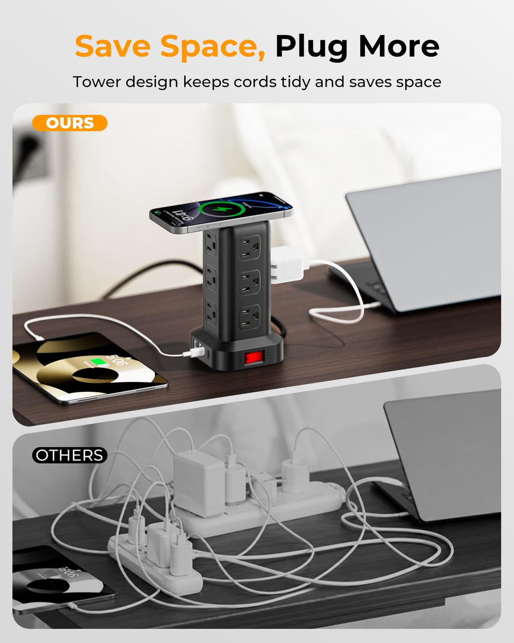Tower Surge Protector Power Strip with 12 Outlets 4 USB (1 USB C), 6.5Feet Extension Cord with Multiple Outlets, Charging Station, Power Strip Tower, Office Desk Supplies